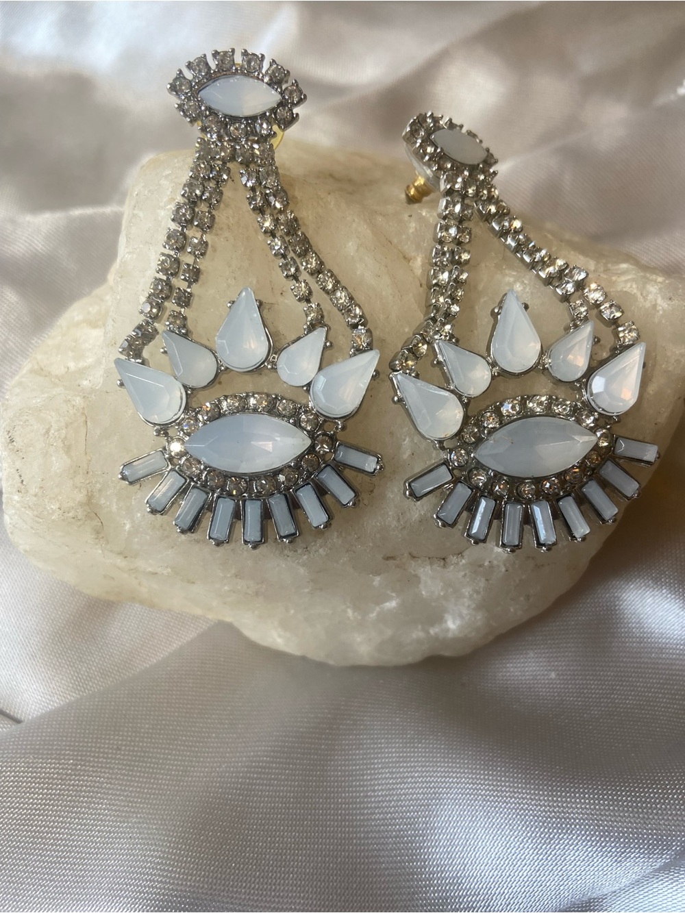 Dramatic White Crystal Drop Statement Earrings